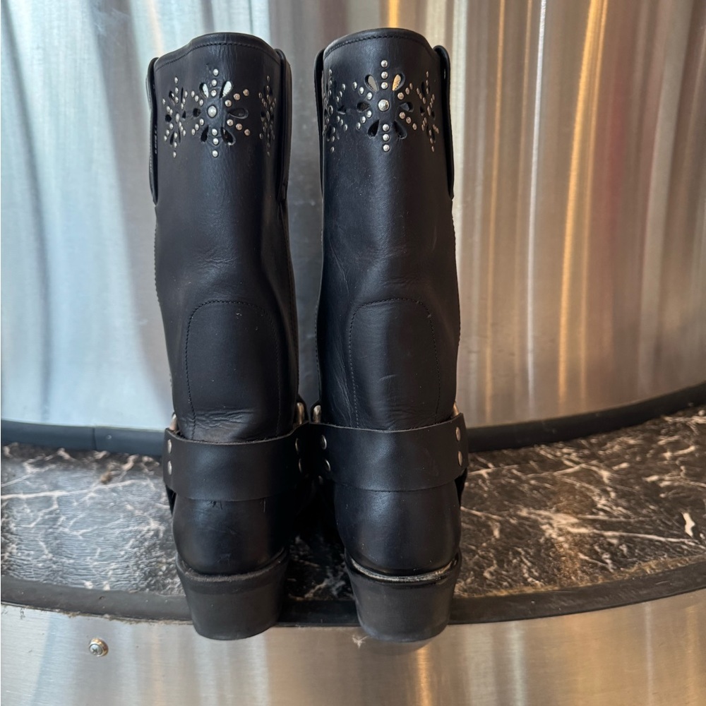 Frye Black Leather Harness Boots Studded Cutout Moto Western Women’s Sz 8 - Picture 4 of 8